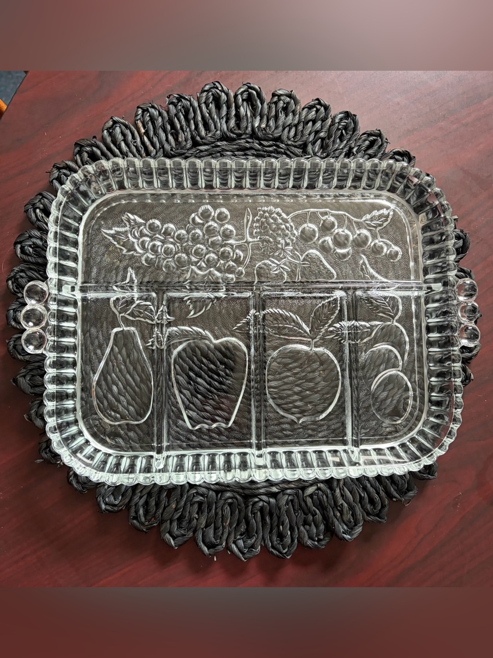 Vintage Indiana Glass Clear 12” Divided Serving Tray Embossed Fruit Pattern